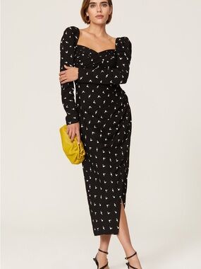 Self-Portrait Black Midi Dress Polka Dot Puff Sleeve White Micro Print Size 2
